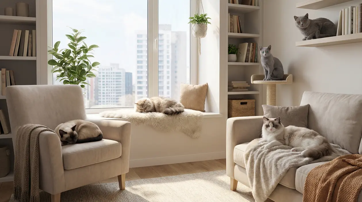 Cinque gatti rilassati in un salotto luminoso con mobili chiari e vista sulla città