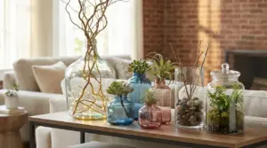 Vasi di vetro colorati decorati con piante e oggetti naturali su un tavolino in salotto