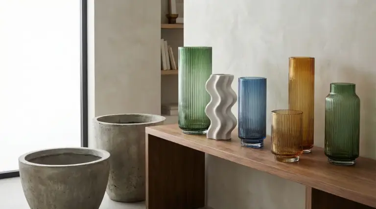 Vasi decorativi in vetro colorato e ceramica su una mensola in legno in un ambiente moderno