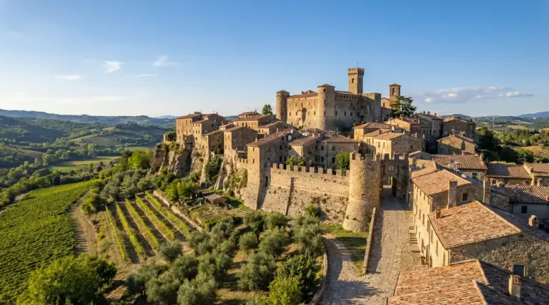 Veduta aerea di un borgo medievale in collina con castello e vigneti