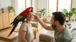 Pappagallo colorato posato sulla spalla di una persona mentre un'altra lo nutre