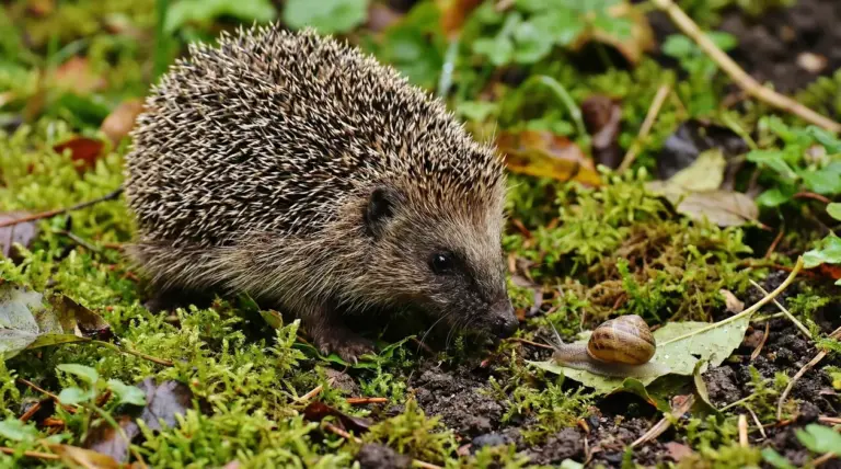 Riccio su muschio in giardino mentre osserva una lumaca su una foglia