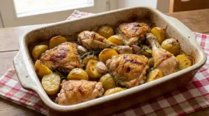 Pollo arrosto con patate e rosmarino in una teglia da forno su una tovaglia a quadri