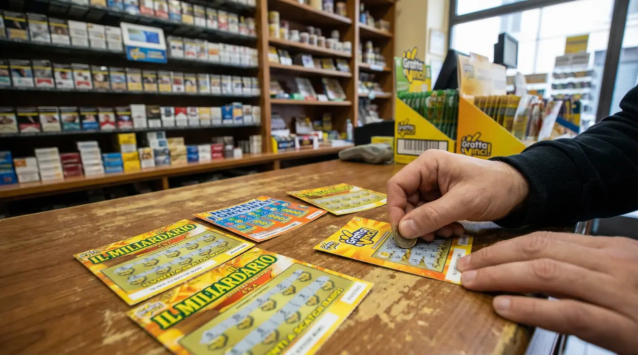 Una persona gratta un biglietto Gratta e Vinci su un bancone di una tabaccheria