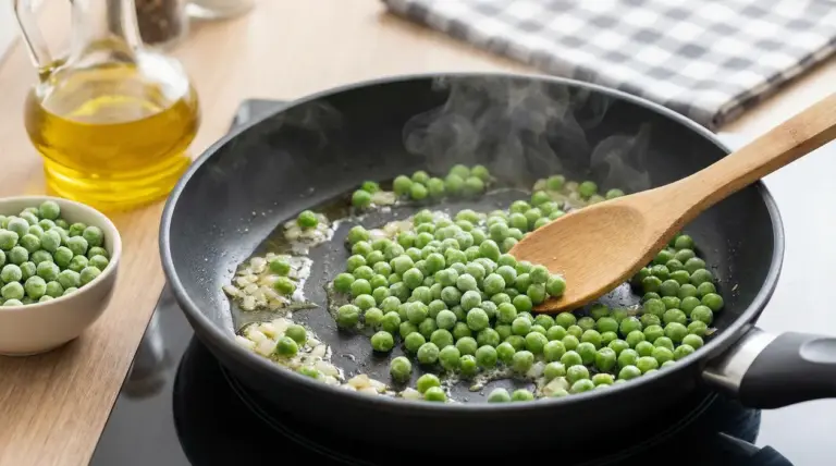Piselli surgelati che cuociono in padella con cipolla e olio d'oliva