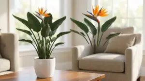 Pianta di Strelitzia in vaso in un salotto luminoso con poltrone beige