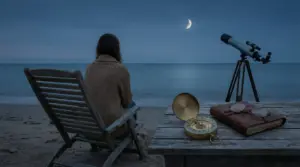 Persona sola seduta sulla spiaggia di notte guardando la luna, vicino a un telescopio e oggetti da esplorazione