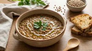 Zuppa di lenticchie servita con pane tostato su un tavolo in legno