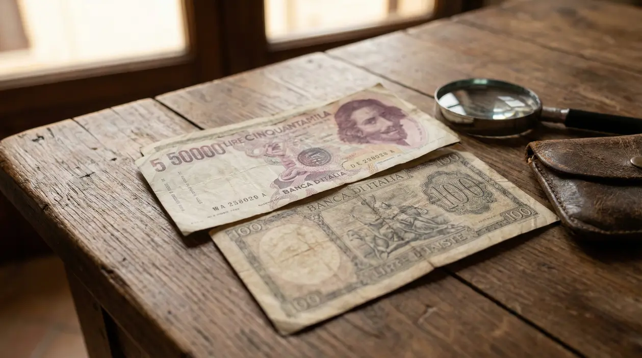 Vecchie banconote italiane su un tavolo di legno accanto a una lente di ingrandimento