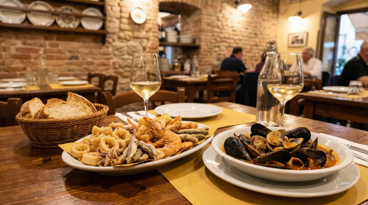 Piatti di pesce con vino bianco su un tavolo in un ristorante rustico a Palermo