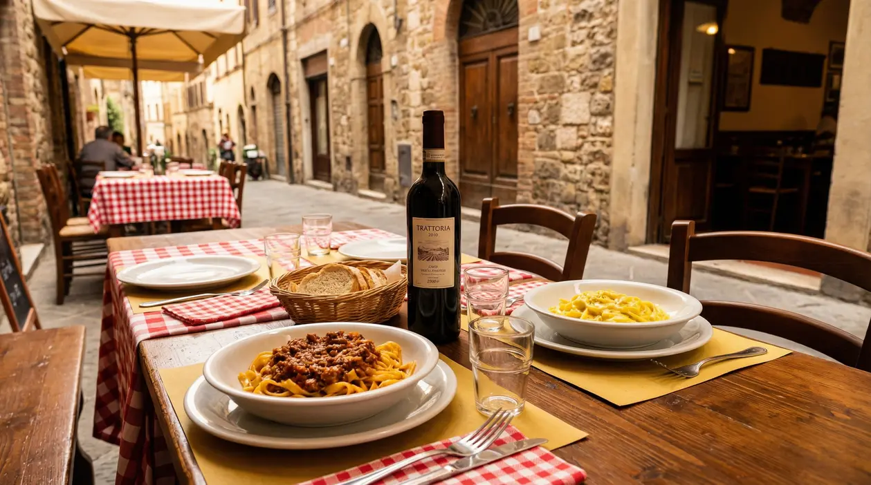 Due piatti di pasta con vino su tavolo all'aperto in una trattoria italiana su una via acciottolata