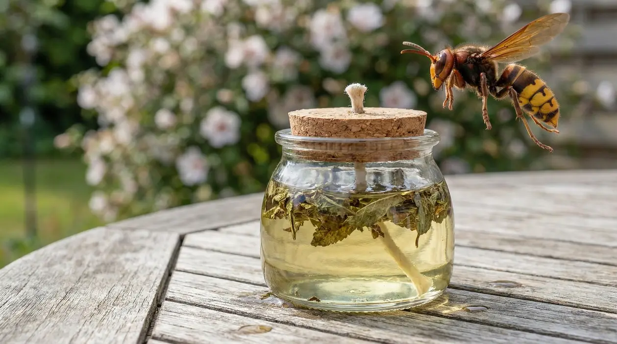 Calabrone vicino a un barattolo di rimedio naturale su un tavolo da giardino