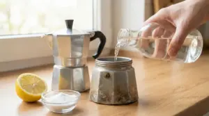 Pulizia naturale di una moka con acqua, limone e bicarbonato su un piano cucina