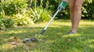 Persona usa una pinza per catturare una biscia in giardino