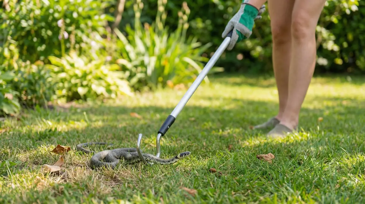 Persona usa una pinza per catturare una biscia in giardino