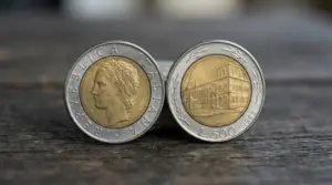 Due monete da 500 lire bimetalliche del 1982 su superficie in legno