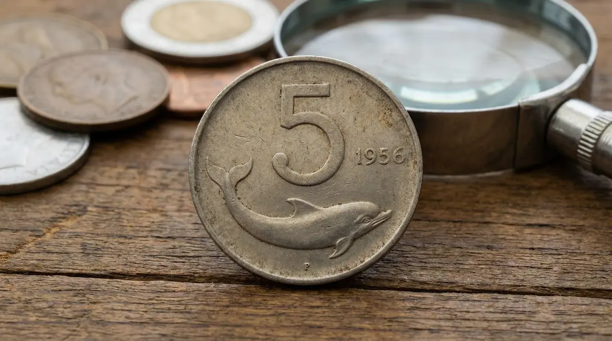 Moneta da 5 lire del 1956 con delfino in primo piano su sfondo di altre monete e lente d'ingrandimento