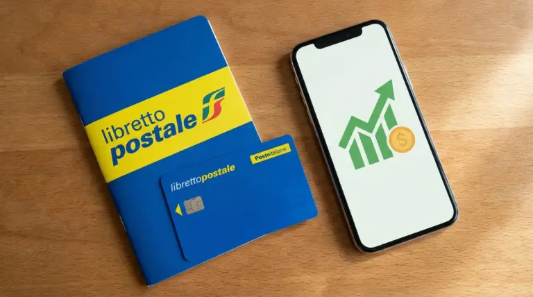 Libretto postale con carta e smartphone su tavolo in legno