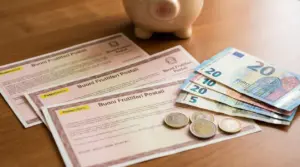 Buoni fruttiferi postali, banconote in euro e salvadanaio su un tavolo