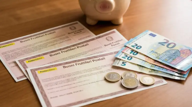 Buoni fruttiferi postali, banconote in euro e salvadanaio su un tavolo