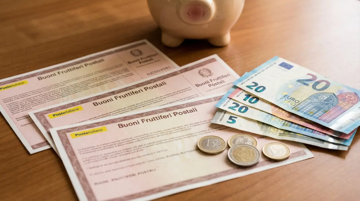 Buoni fruttiferi postali, banconote in euro e salvadanaio su un tavolo