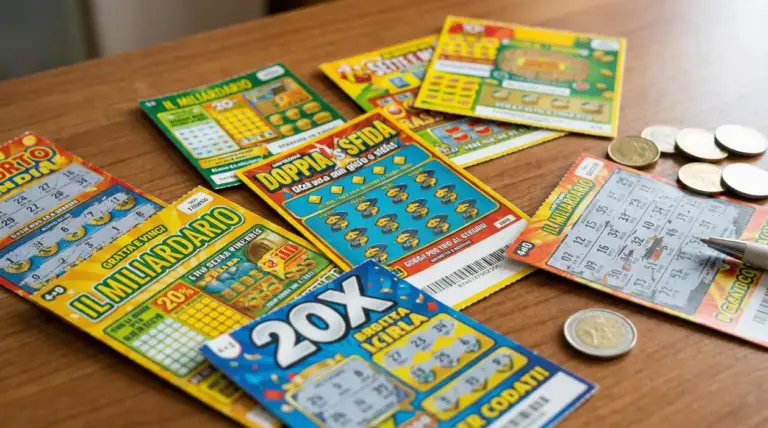 Biglietti gratta e vinci sparsi su un tavolo accanto a monete e una penna.