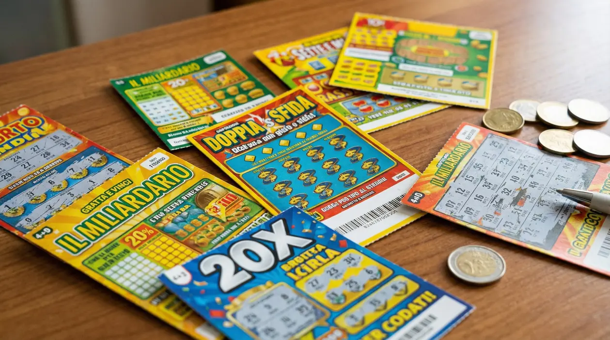 Biglietti gratta e vinci sparsi su un tavolo accanto a monete e una penna.