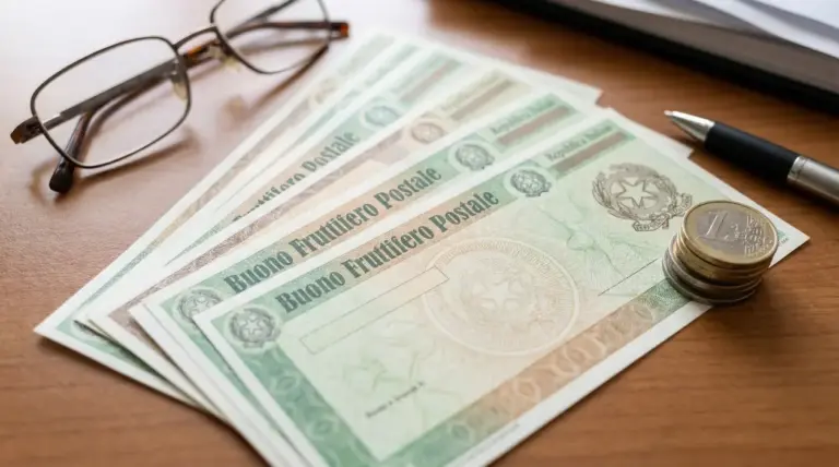 Buoni fruttiferi postali su un tavolo con monete, occhiali e penna