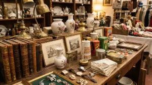 Oggetti da collezione esposti su un banco a un mercatino dell’usato all'aperto