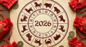 Grafico con i segni dell’oroscopo cinese attorno all’anno 2026 su sfondo decorato