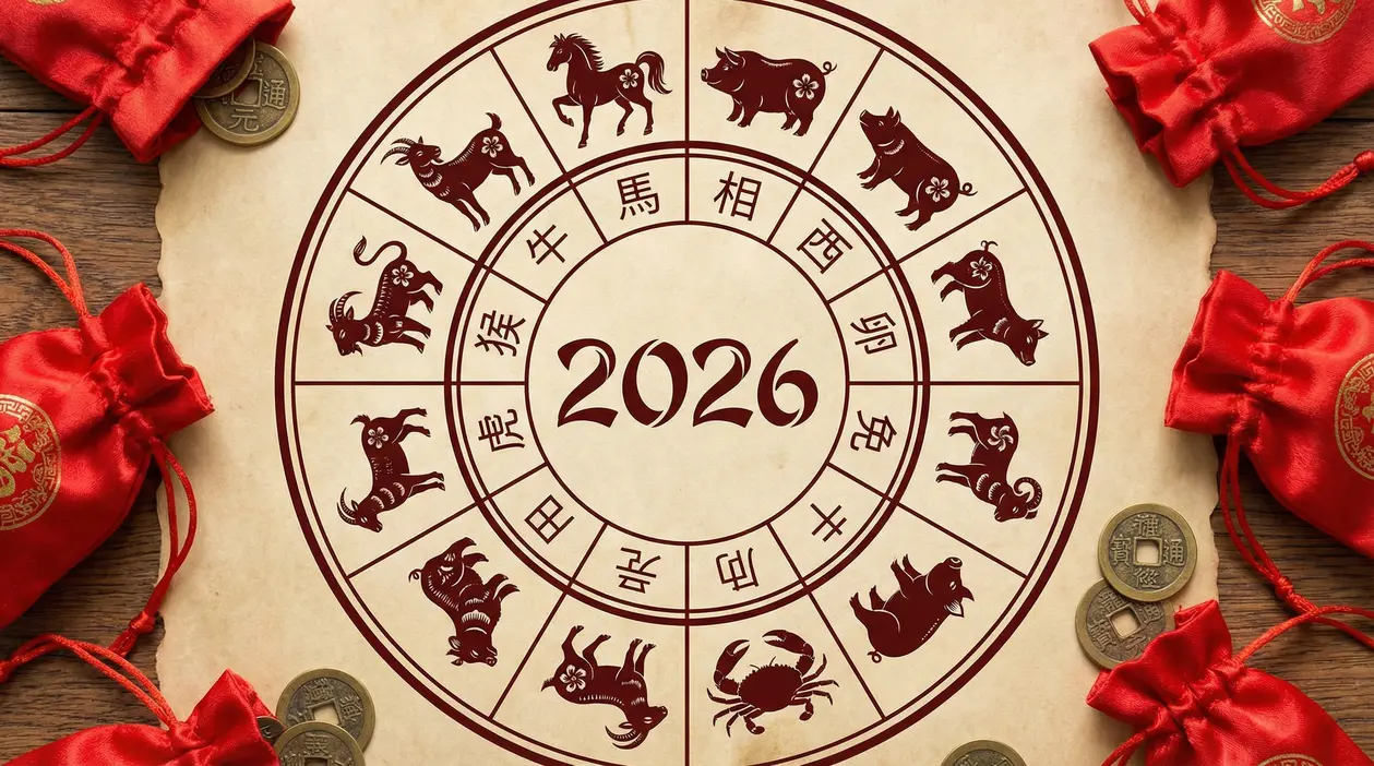 Grafico con i segni dell’oroscopo cinese attorno all’anno 2026 su sfondo decorato