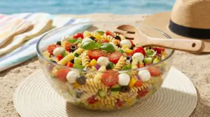 Insalata di pasta fredda con verdure colorate, pomodorini e mozzarella sulla spiaggia