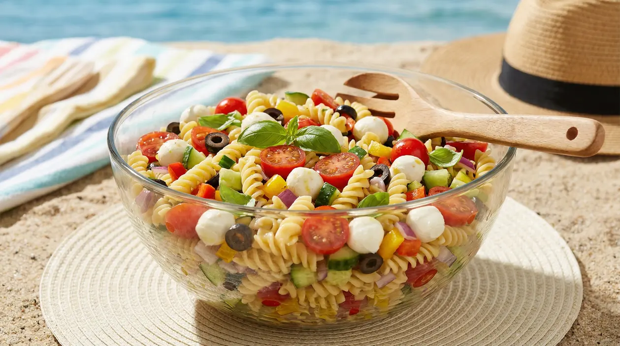 Insalata di pasta fredda con verdure colorate, pomodorini e mozzarella sulla spiaggia