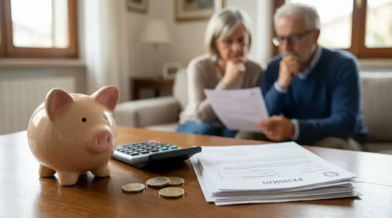 Coppia anziana valuta documenti pensionistici con salvadanaio e calcolatrice su un tavolo