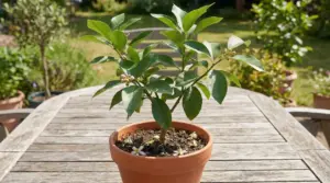 Pianta di limone in vaso con fiori caduti, su un tavolo all’aperto