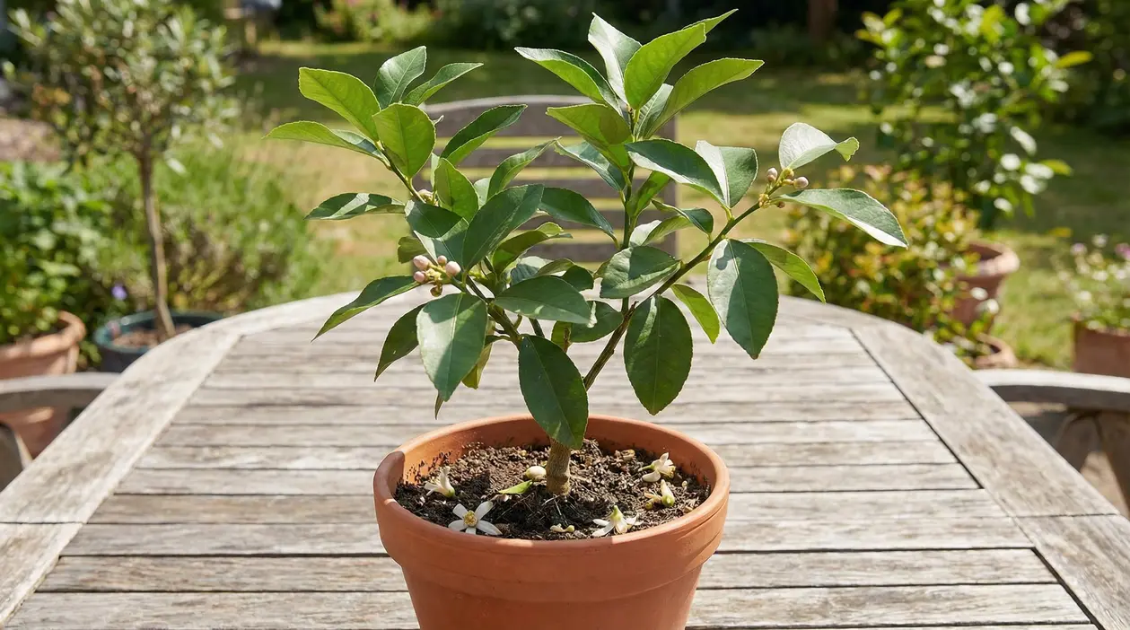 Pianta di limone in vaso con fiori caduti, su un tavolo all’aperto