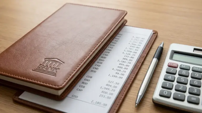 Libretto bancario aperto con estratto conto, penna e calcolatrice su scrivania