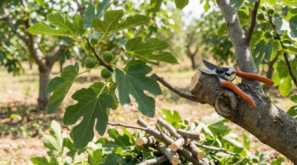 Ramo di fico potato con forbici da potatura appoggiate su un tronco, in un frutteto.