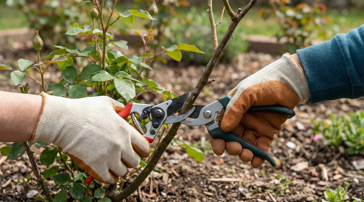 Due persone potano un ramo di rosa con cesoie da giardinaggio in un giardino