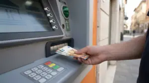 Persona preleva contanti da uno sportello bancomat automatico