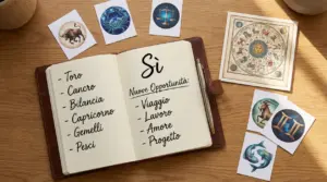 Taccuino aperto con lista di segni zodiacali e simboli astrologici su un tavolo di legno