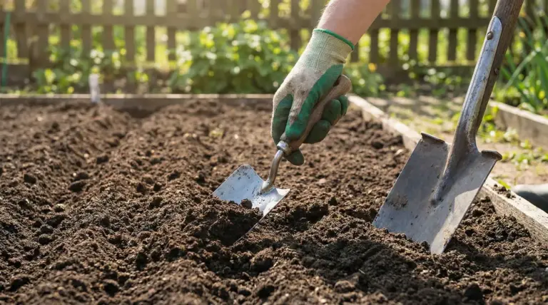 Mano con guanto lavora il terreno con una paletta in un orto soleggiato