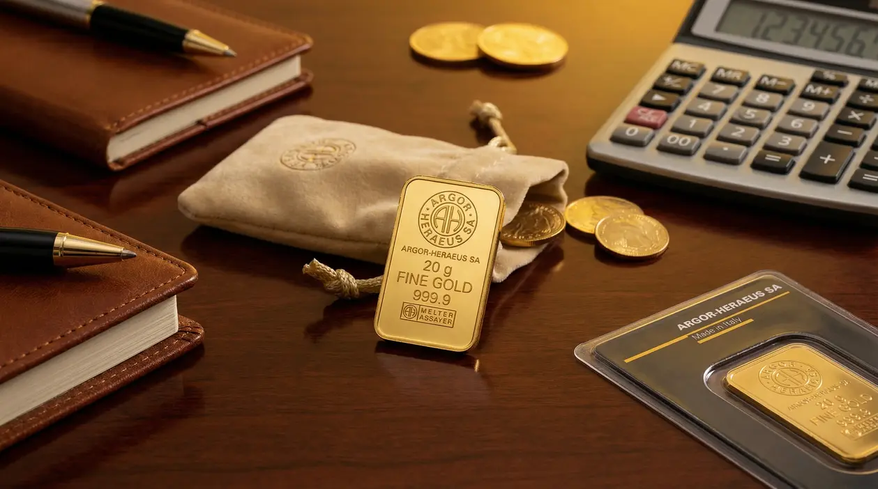 Lingotto d'oro da 20 grammi su un tavolo con calcolatrice, monete e taccuini