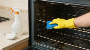 Una mano con guanto giallo pulisce l'interno di un forno incrostato con una spugna blu