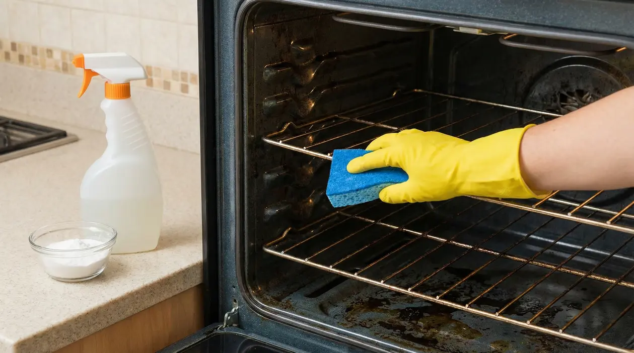 Una mano con guanto giallo pulisce l'interno di un forno incrostato con una spugna blu