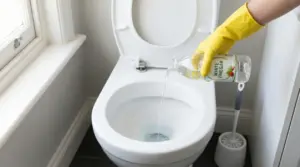 Una mano con guanto giallo versa aceto bianco nel water per pulirlo