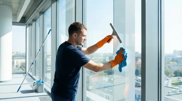 Persona che pulisce una vetrata con una spatola e un panno in edificio moderno