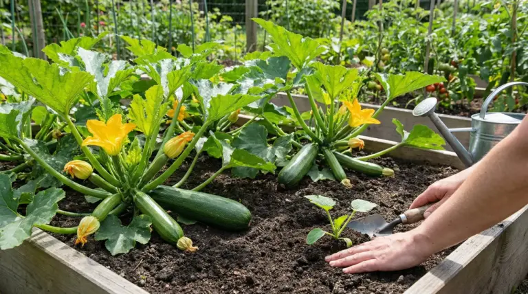 Piantina di zucchina in un orto rialzato con piante mature e frutti pronti al raccolto