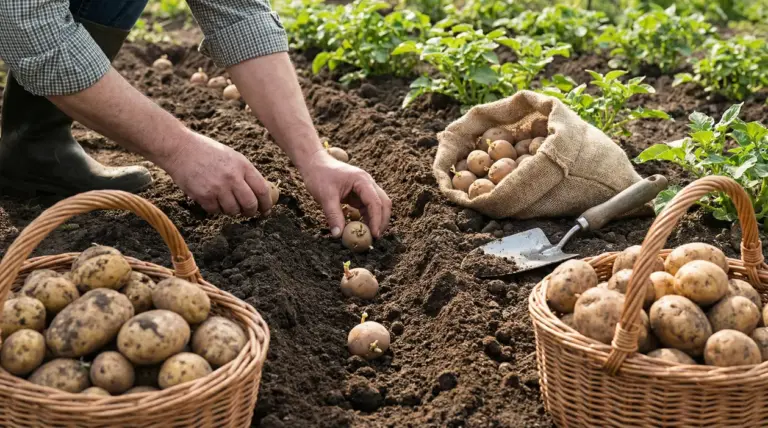 Mani che piantano patate germogliate in un orto, con cesti e sacco pieni di patate