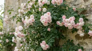 Rampicante di rose rosa pallido in piena fioritura su un muro di pietra